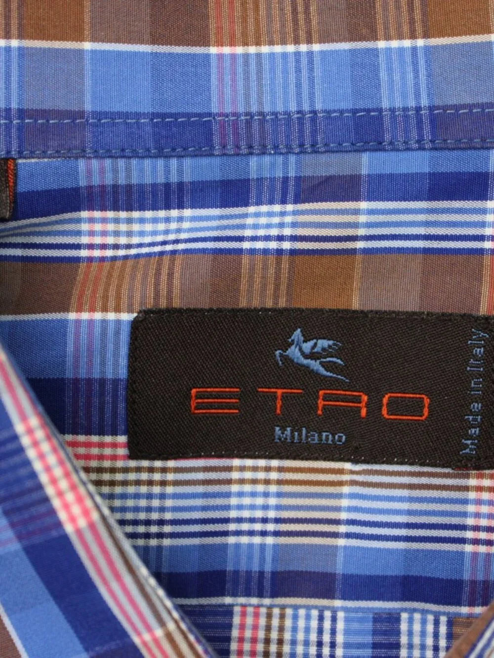 ETRO Milano Shirt Mens 44, XL Blue/Pink Check 100% Cotton Long Sleeve Button